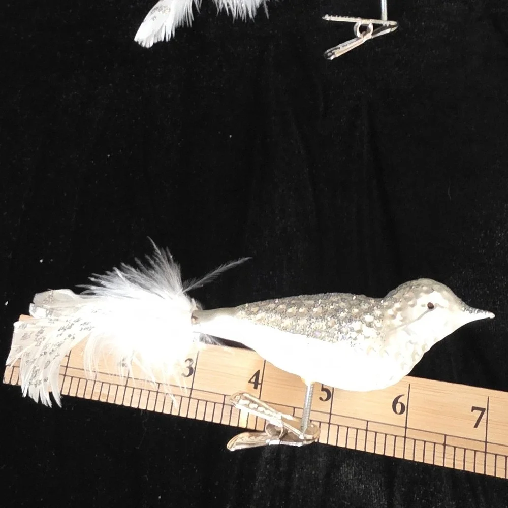 Silver Pearlized Glitter Glass Bird Ornaments w/ Feather Tails Clip On Set 4 7